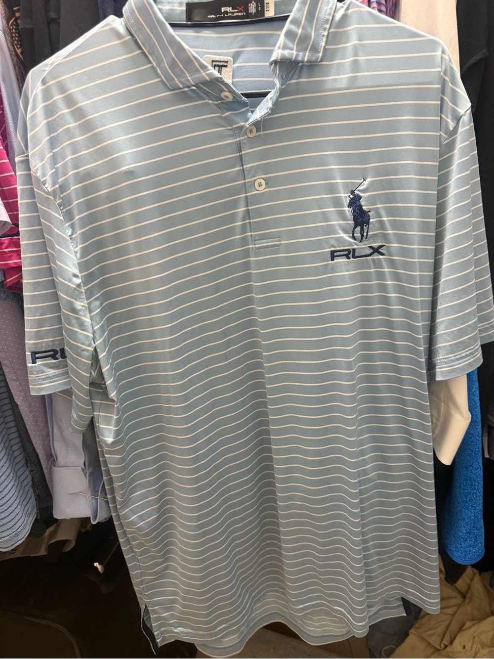 RLX Ralph Lauren Pale Blue and White Striped Polo
